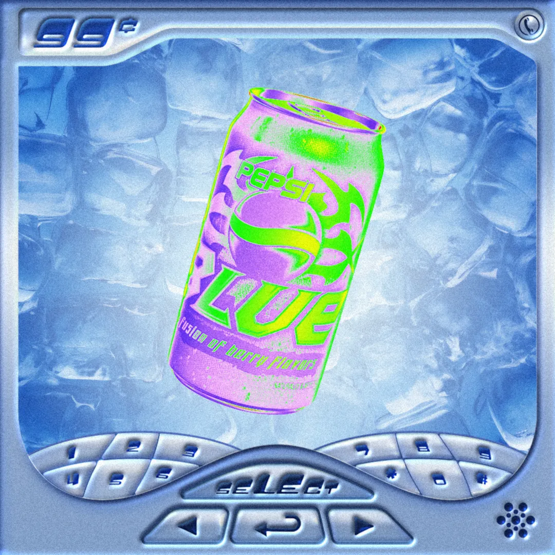 Rendu numérique d'une canette de soda Pepsi Lime sur fond de glace, avec un effet de couleurs déformées façon néon.