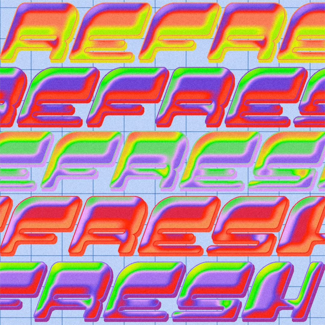 Texte 3D style néon « FREE BEACH PACK EASY » en dégradé coloré, sur fond quadrillé.