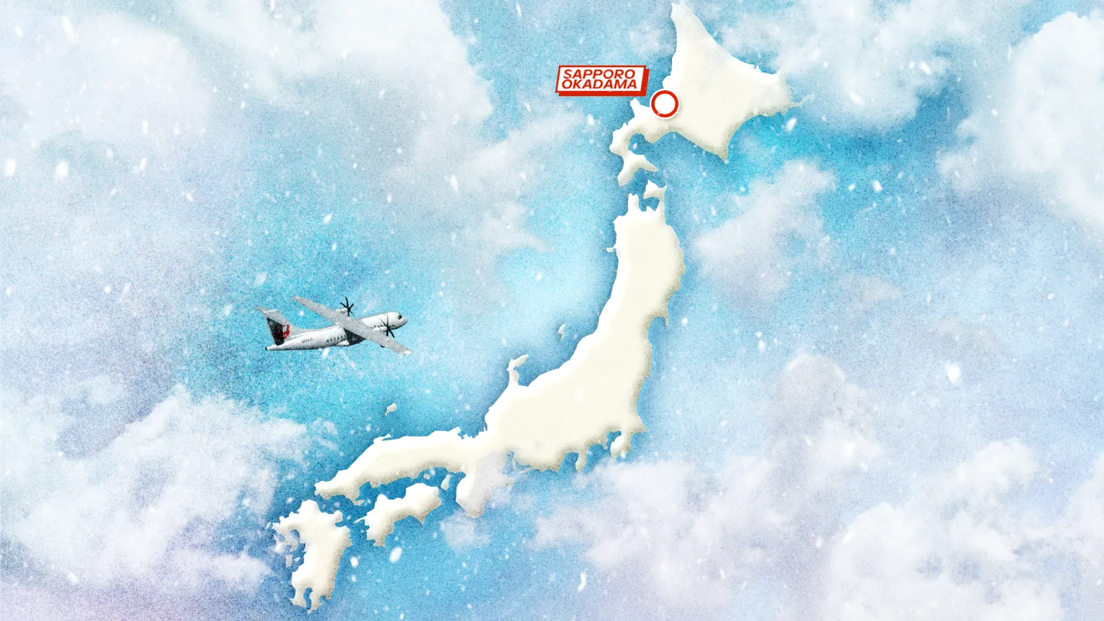 Japan Airlines Fly to Hokkaido - carte illustrée avec la route du vol