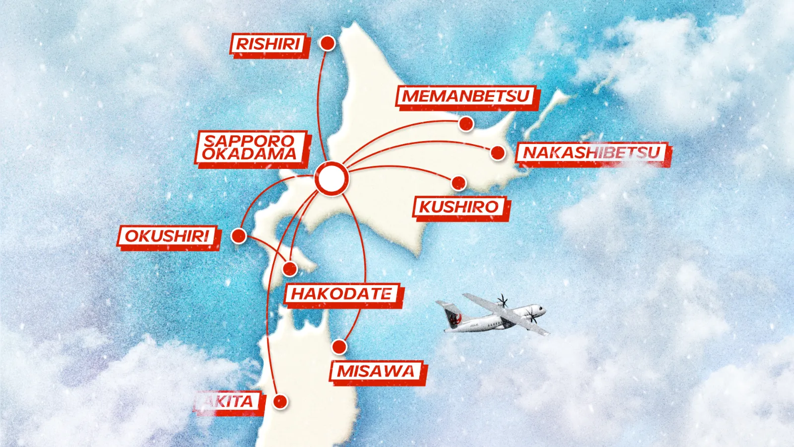 Japan Airlines Fly to Hokkaido - carte avec les repères des destinations